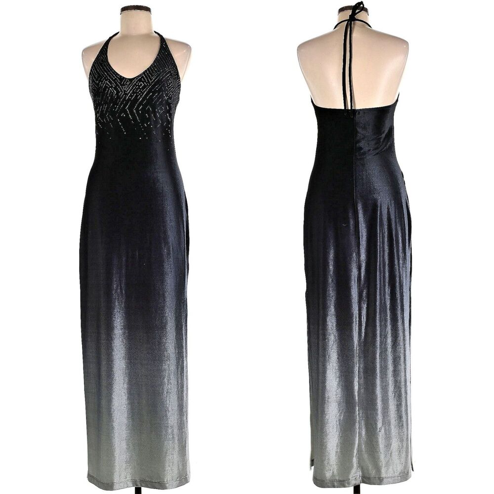 Vintage 90s Rampage Velvet Maxi Dress Gray Ombre Prom Gown Halter Whimsygoth M